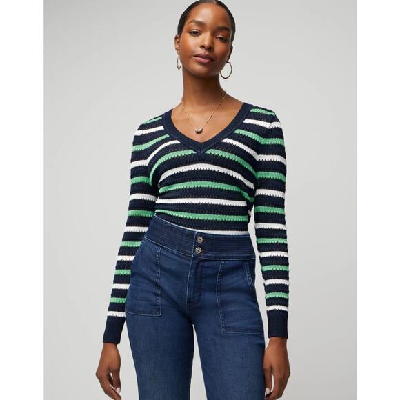 White House Black Market Long Sleeve Stripe V-Neck Pullover Sweater, size medium - Picture 1 of 14